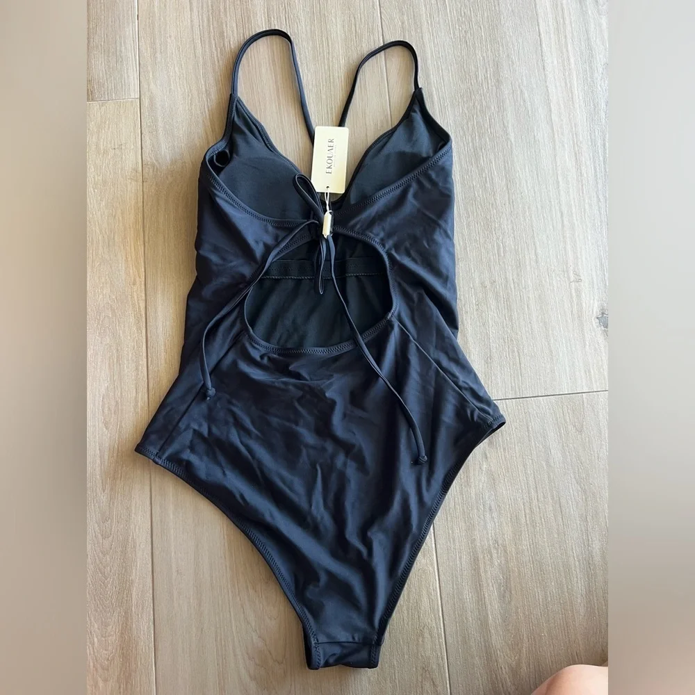 Ekouaer Black One Piece Swimsuit Cutout Back Tie Adjustable Straps NWT Large